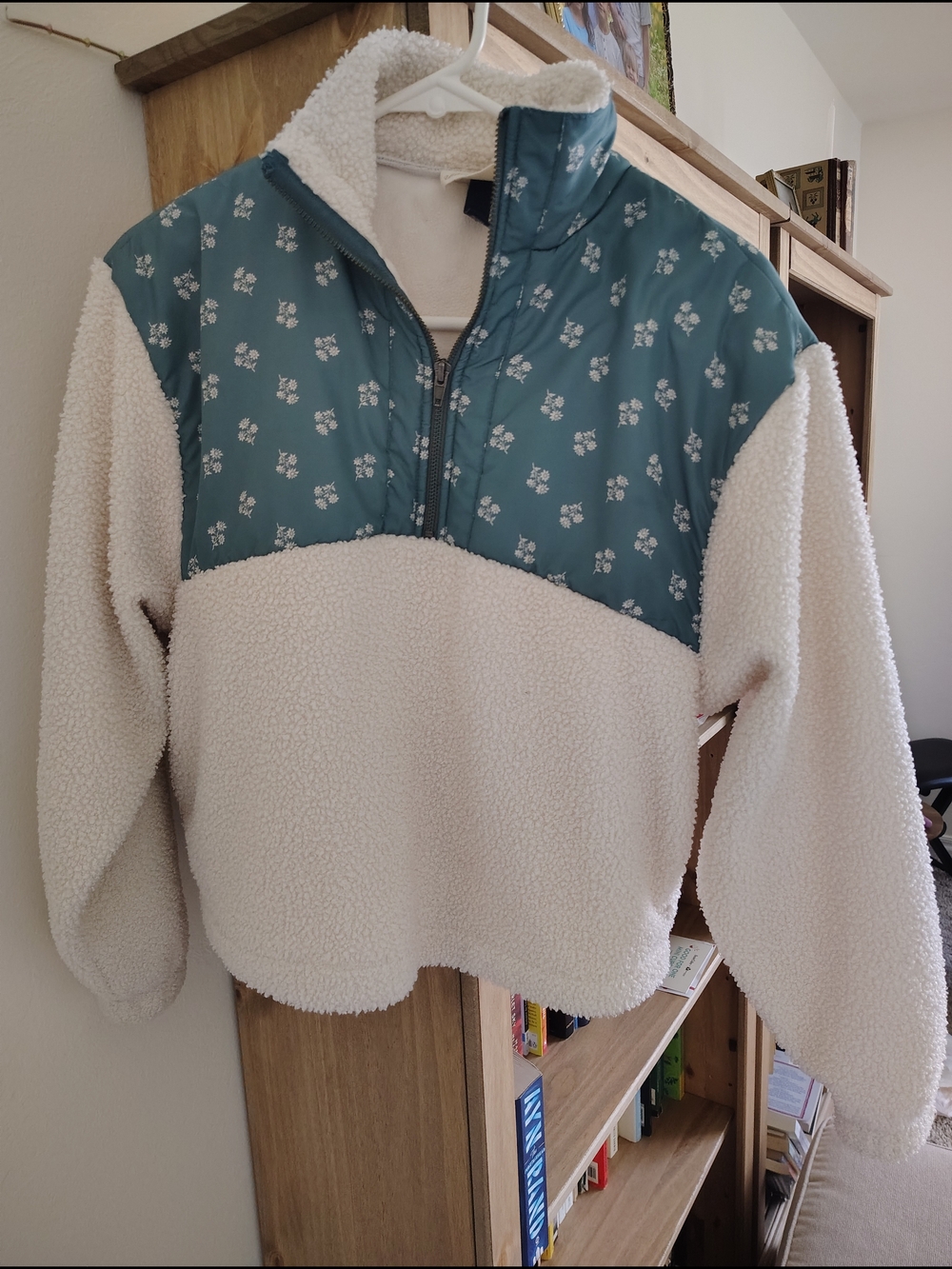 Universal Thread Cream Sherpa Pullover with Sage Green Floral Yoke